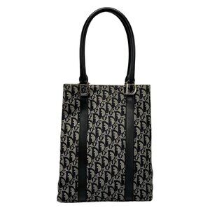Auth DIOR/ChristianDior Trotteur Black Cream Jacquard Leather Tote Bag